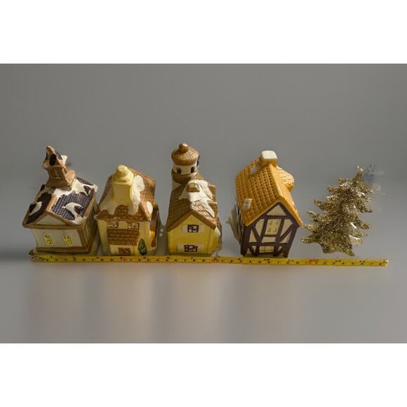 VTG Christmas Village Houses & Tree Approx 4.5”ea W Holes 4 Lights - Picture 7 of 13